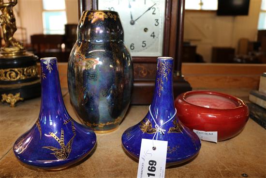 Fieldings lustre vase a similar pair & a Bretby bowl(-)